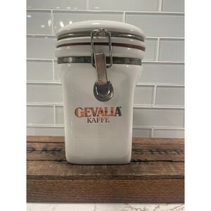 Gevalia Kaffe White Ceramic Coffee Canister Airtight Lid King of Sweden Logo